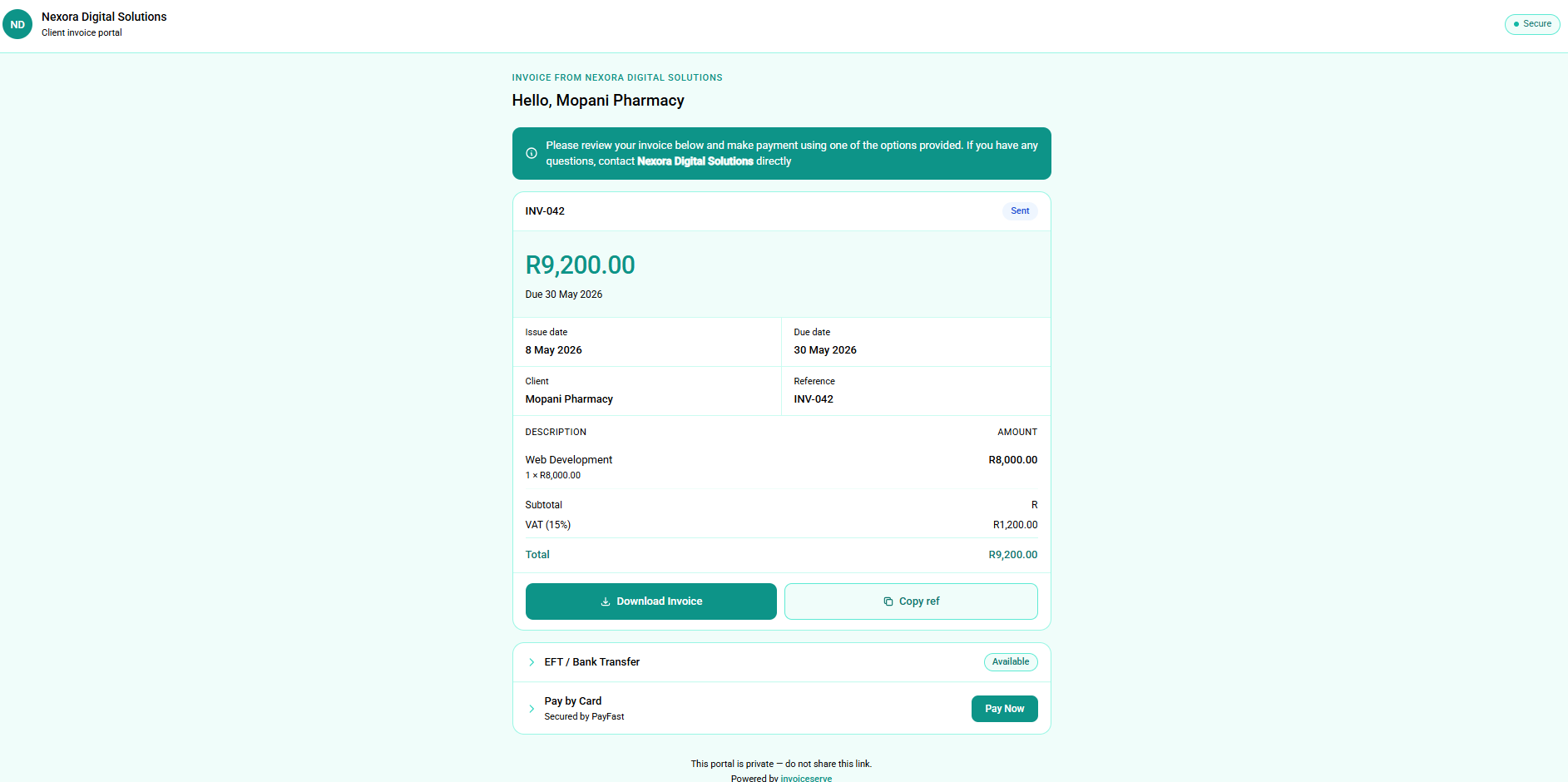 Client viewing the invoice in the portal