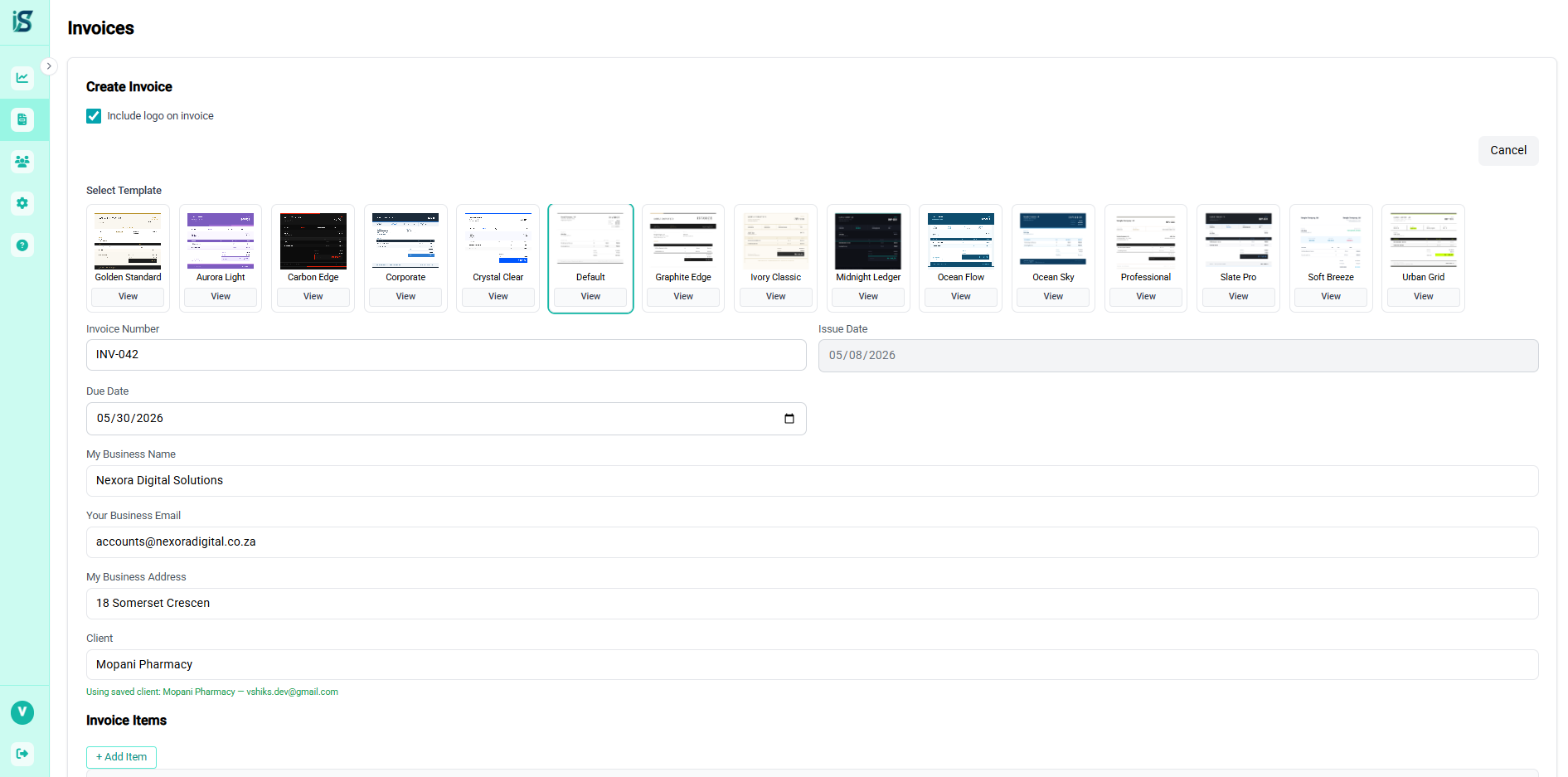 Creating a new invoice in Invoiceserve