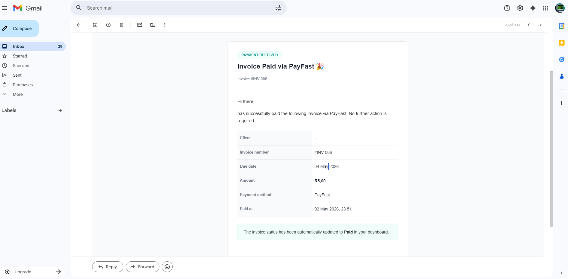 Payment confirmation on the Invoiceserve dashboard