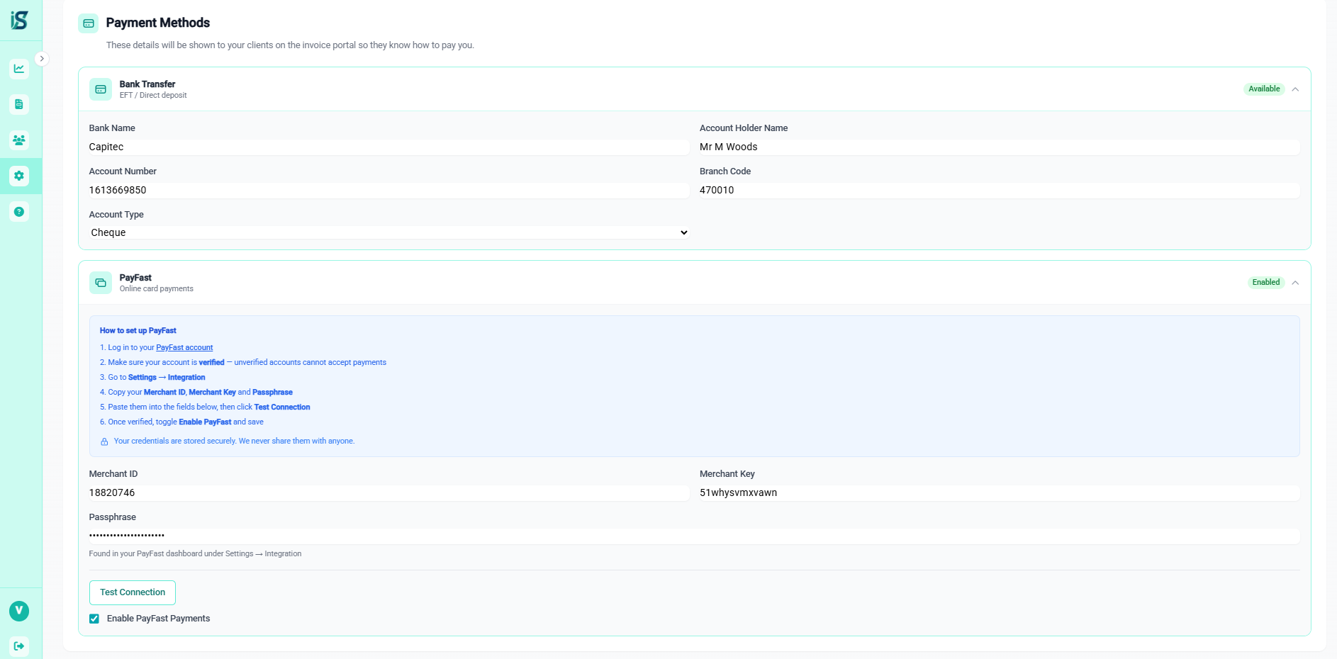 Setting up payment details in Invoiceserve